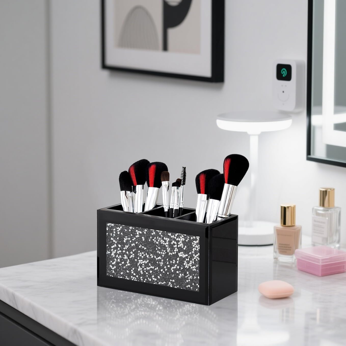 SHYFOY Black Makeup Brush Holder Organizer, 3 Slots Glass Cosmetic Brushes Storage Holder with Crushed Diamond, Pencil Pen Holder for Desk, Desk Organizer and Accessories for Vanity