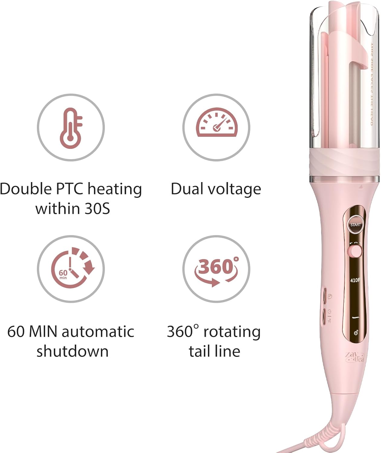 Zavarea Automatic Curling Iron, 1 Inch Hair Curler with 5 Temperatures, 3-Ways Rotation & 3-Styling Modes, Anti-Scald & Tangle-Free Self Rotating Curling Wand, Makes Hair Smoother & Shiner (Pink)