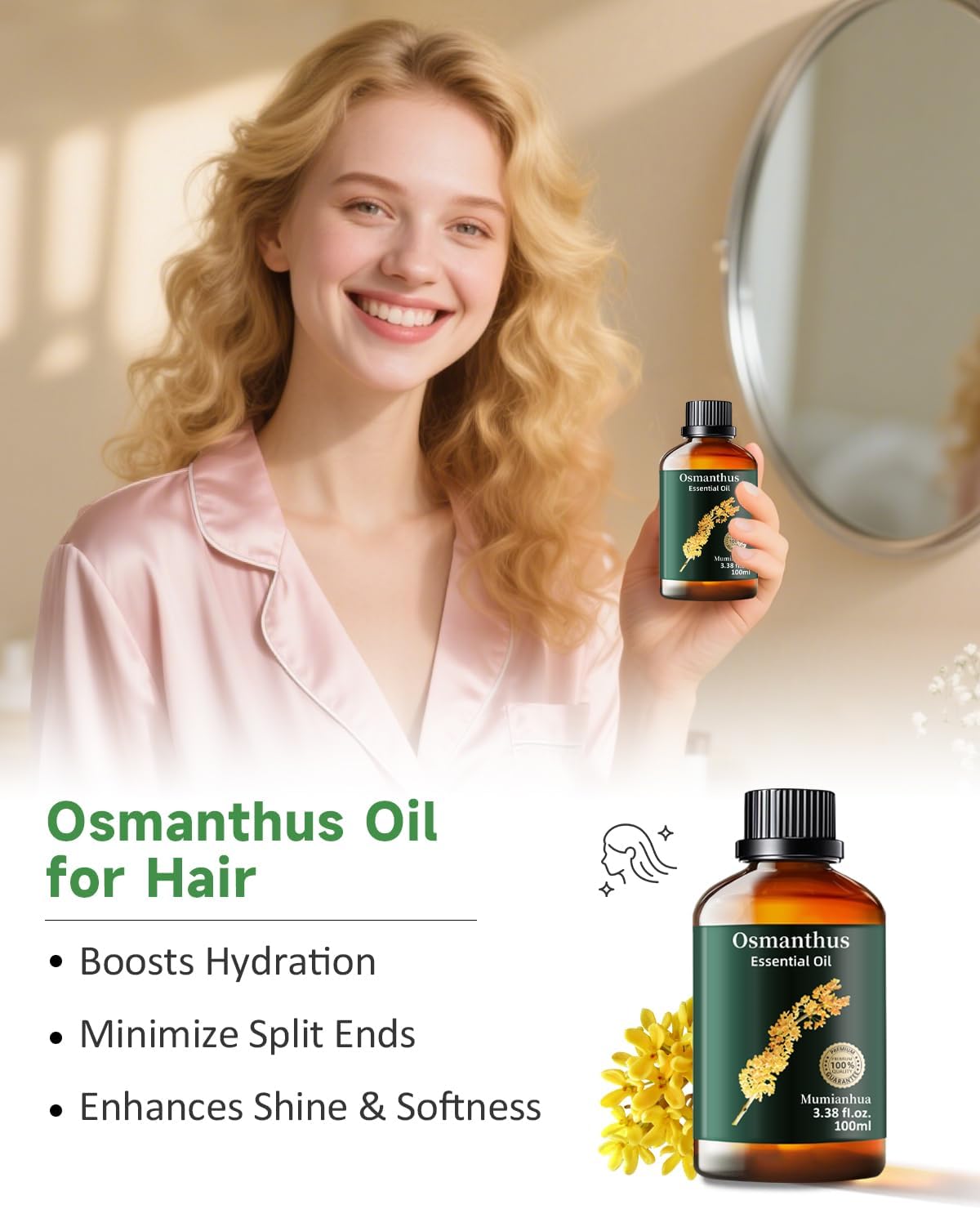Mumianhua Osmanthus Essential Oil 100% Pure- Floral Essence Osmanthus Oil for Diffuser, Skin Care & Air Purifier | Steam Distilled for Candle Making, Massage Blends & Home Fragrance 3.38 Fl Oz