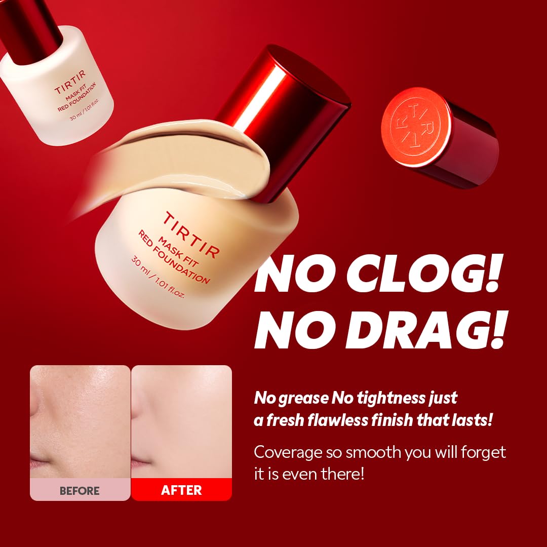 TIRTIR Mask Fit Red FoundationㅣLong Lasting Flawless Coverage, Energy Essence, Lightweight, Hydrating, Pore-Blurring, Breathable Satin Finish, Makeup, Radiant Skin, #23N Sand, 1.01 Fl Oz