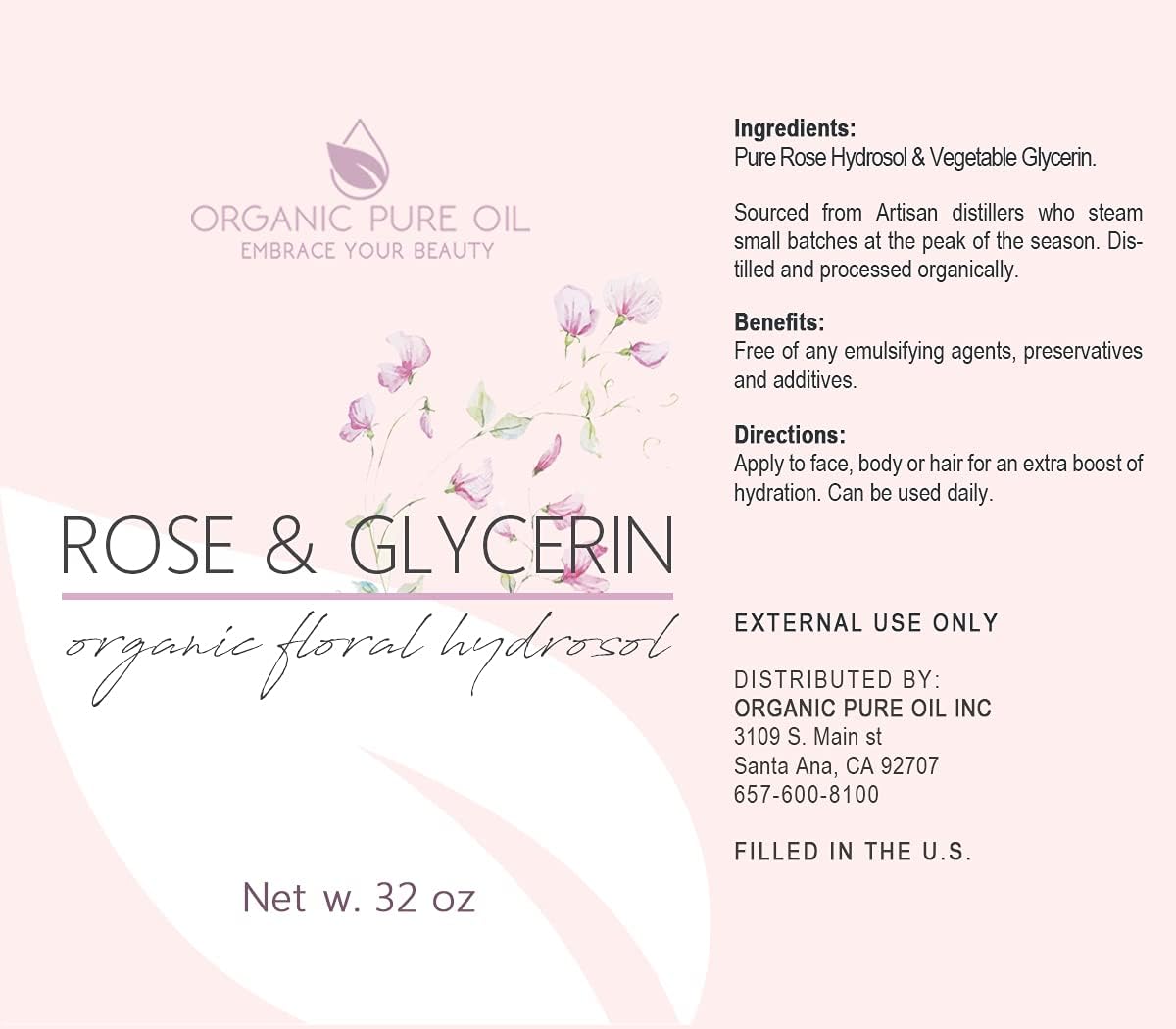 Rosewater Glycerin Mist Toner Bulk Spray Facial Body Floral Cleanser 100% Pure Rose Hydrosol Vegetable Glycerine Moisturizing Cleansing Toning Mix Face Skin Hair Body - Packaging May Vary (32 Ounces)