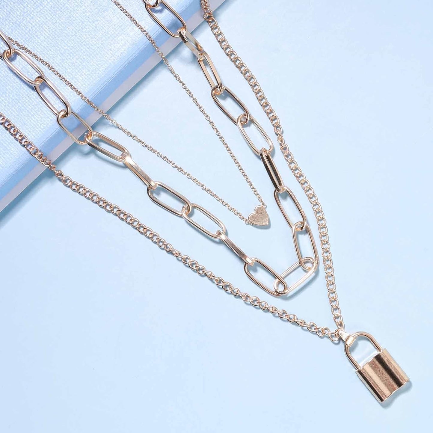 Punk Layered Heart Choker Necklace Gold Lock Pendant Necklace Chunky Paper Clip Chain Necklace Vintage Statement Necklace Chain Jewelry for Women and Girls Gift