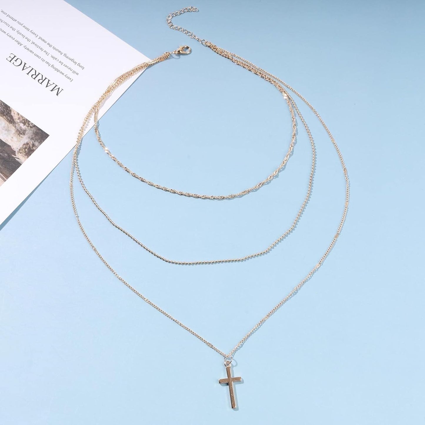 Boho Layered Cross Necklace Choker Gold Cross Pendant Necklace Vintage Multi Layer Necklace Skinny Twist Chain Necklace Jewelry for Women and Girls Religious Gift for Her