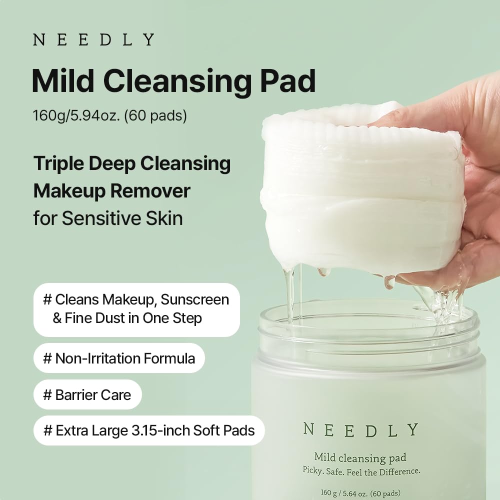 NEEDLY Mild Cleansing Pad, Makeup Remover for Sensitive Skin, Triple Deep Cleansing, Barrier Care with Only Two Surfactants & Panthenol, Extra-Large Soft Vegan Pad, Korean Skincare