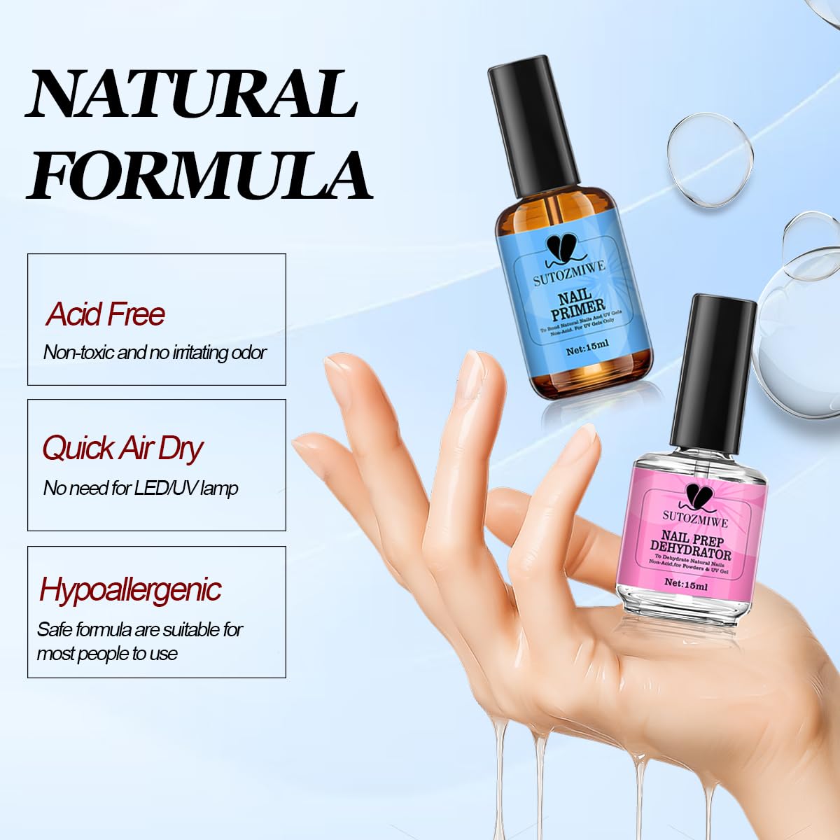 15 ml Nail Dehydrator and Primer Set, Acid Free Natural Prep Dehydrate & Bond Primer, Professional Nail Prep Kit for Acrylic Nails Gel Polish Manicure Nails Supplies Fast Dry