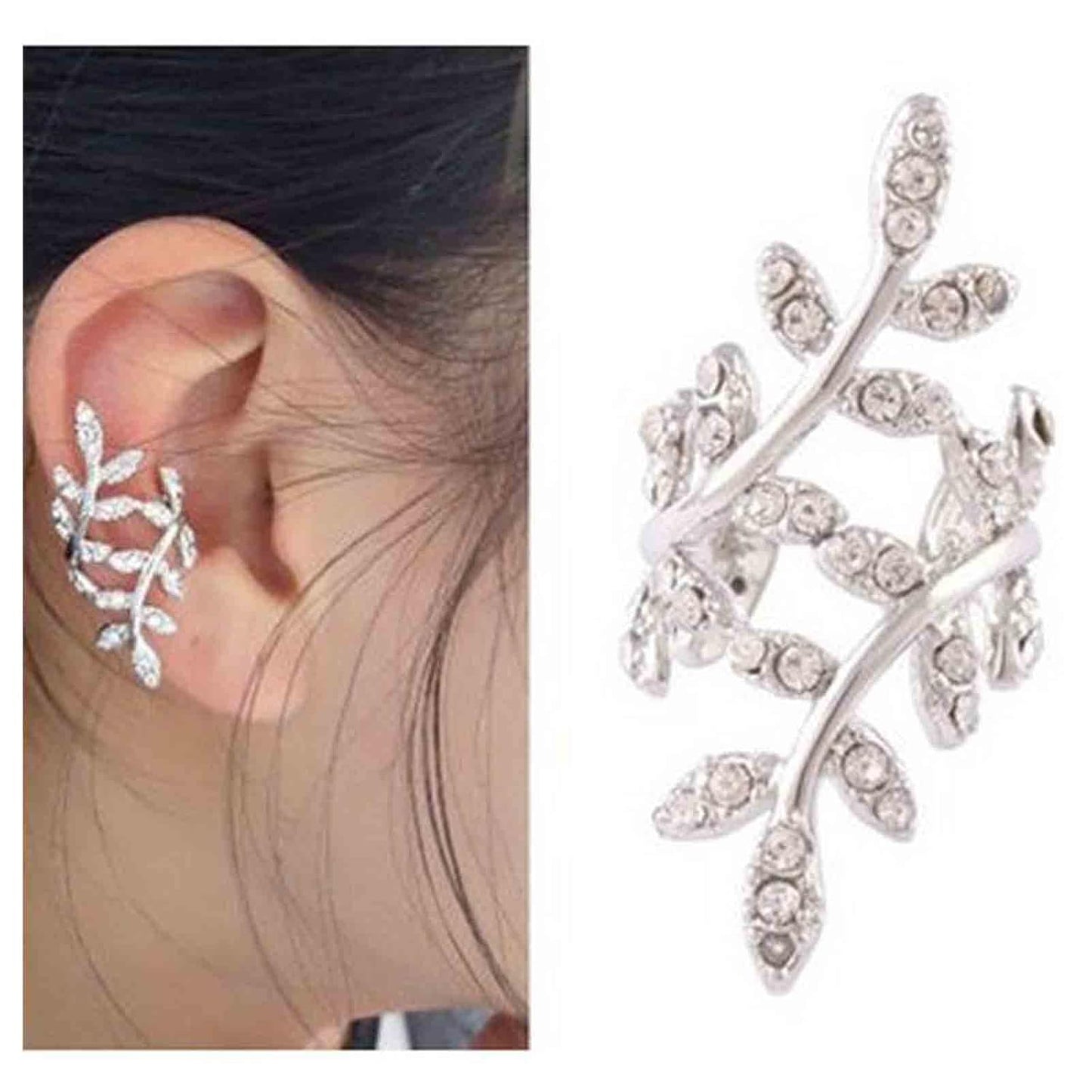 Boho Cz Leaf Ear Cuff Earrings Silver Ear Crawler Earrings Paved Rhinestone Cartilage Cuff Earrings Non Piercing Ear Cuff Wrap Earrings Jewelry for Women and Girls Gifts