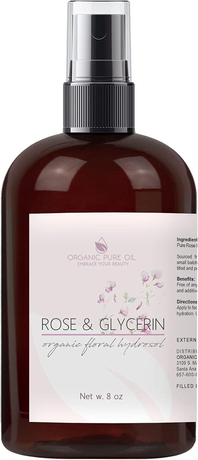 Rosewater Glycerin Mist Toner Bulk Spray Facial Body Floral Cleanser 100% Pure Rose Hydrosol and Vegetable Glycerine Moisturizing Cleansing Toning Mix for Face Skin Hair Body (8 Ounces)