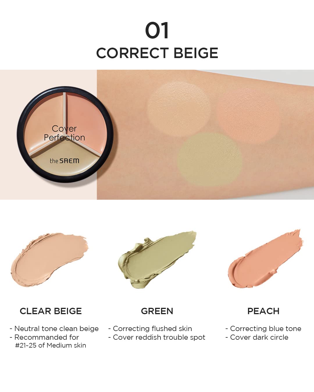 THESAEM Cover Perfection Triple Pot Concealer 01 Correct Beige + 02 Contour Beige - 3 Color Concealer for Medium & Natural Tone - Full Coverage Concealer to Correct & Conceal Redness, Dark Circles