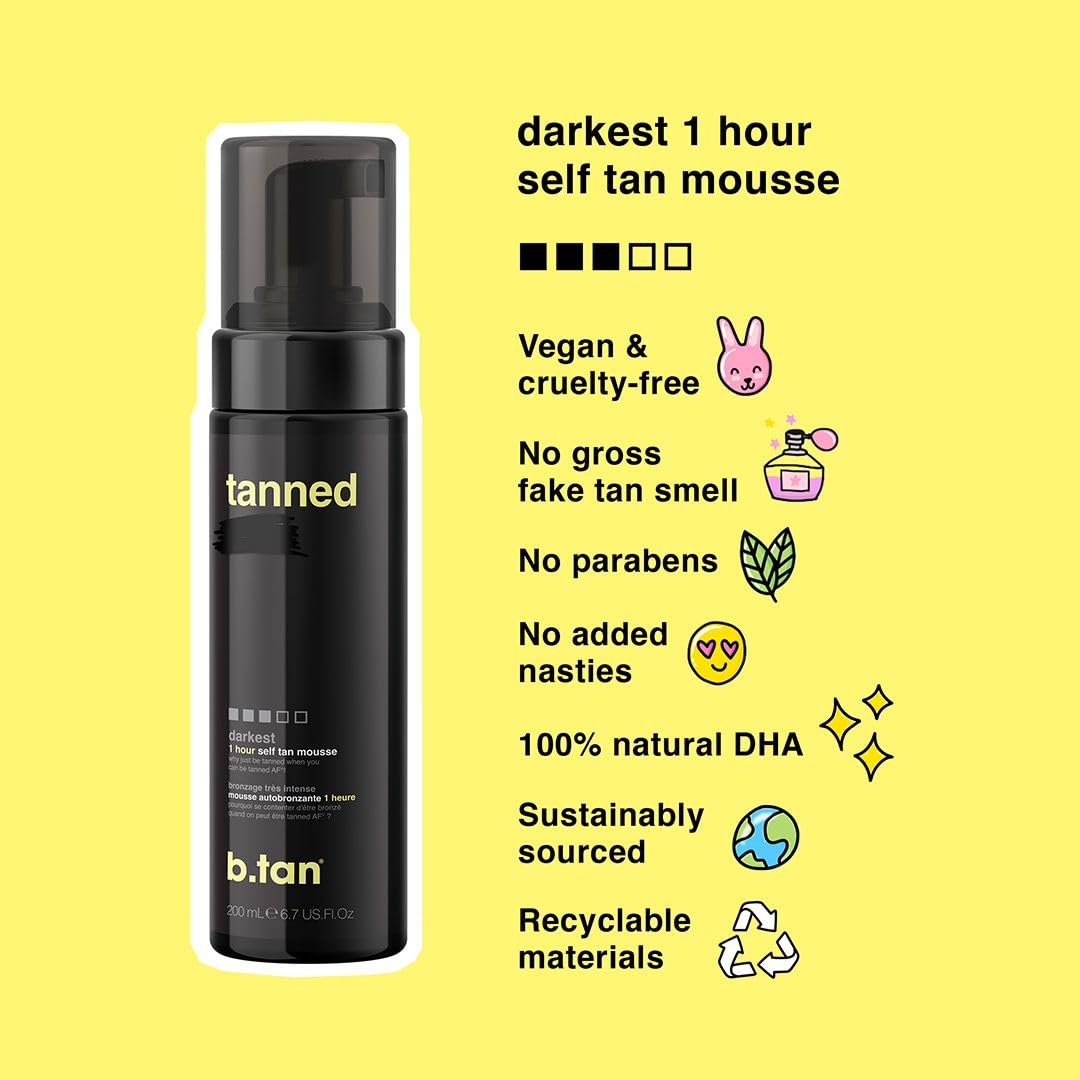 b.tan Dark Self Tanner Kit | Get Tanned Bundle - Self Tanner Mousse w/Tanning Mitt Applicator, 1 Hour Sunless Tanner, Fast Glow, No Fake Tan Smell, Vegan, Cruelty Free, 6.7 Fl Oz