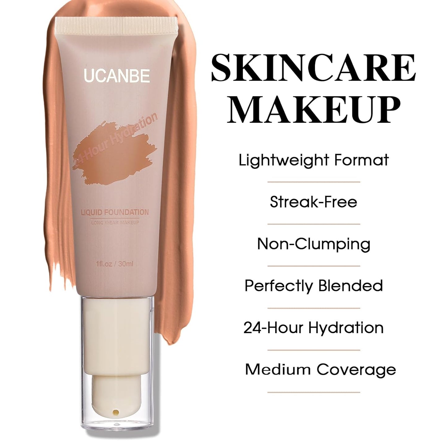 UCANBE Matte Liquid Foundation with Brush, Skincare Serum Foundation Face Makeup with Hyaluronic Acid, Medium to Full Coverage Waterproof Oil Control Longwear, for Mature Skin, Coconut, 1 fl. oz.