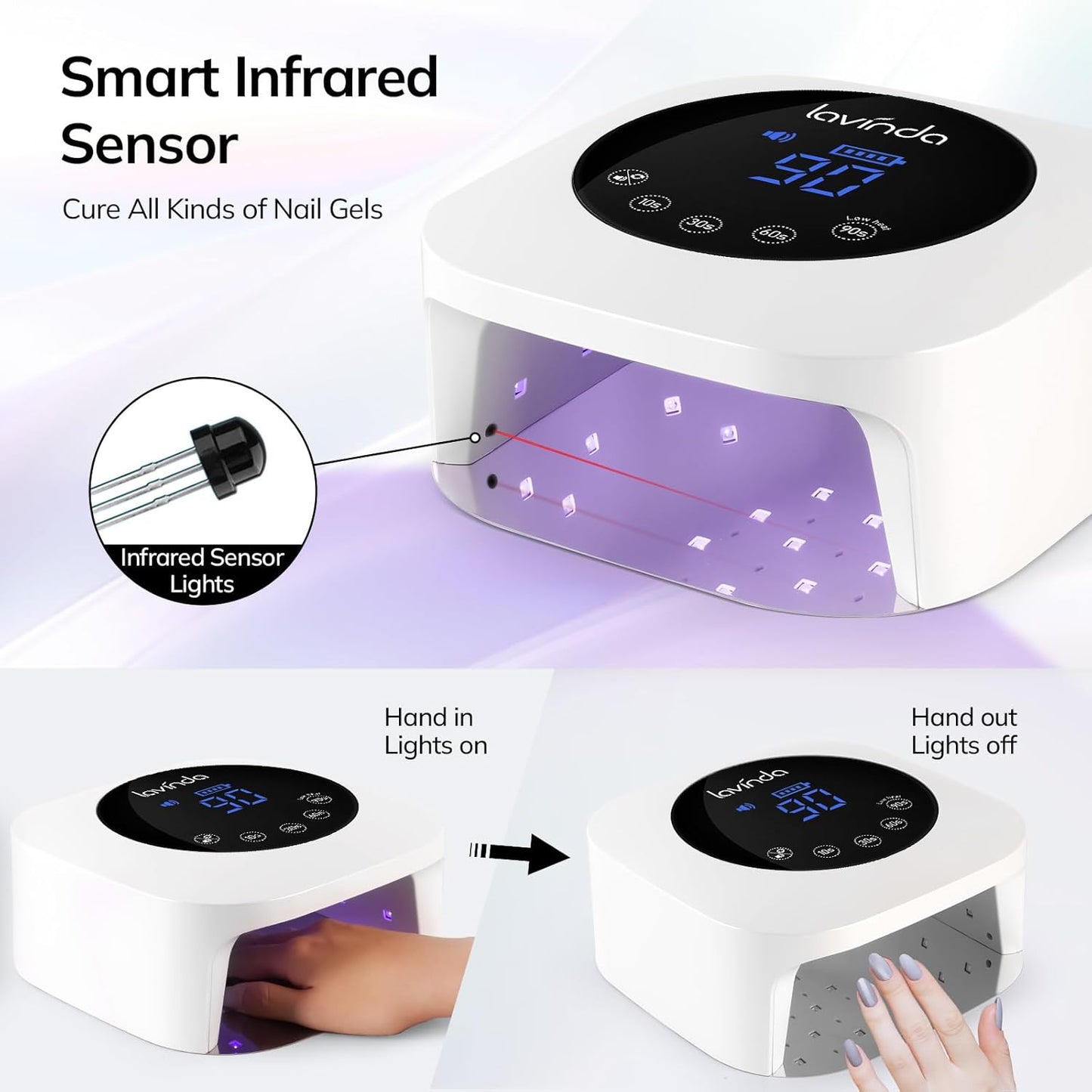 Lavinda UV LED Nail Lamp, Cordless Nail Lamp 54W Rechargeable Nail Dryer Gel Polish Light with Large LCD Display, Professional Gel Curing Lamp with 4 Timer Setting Auto Sensor for Salon and Home