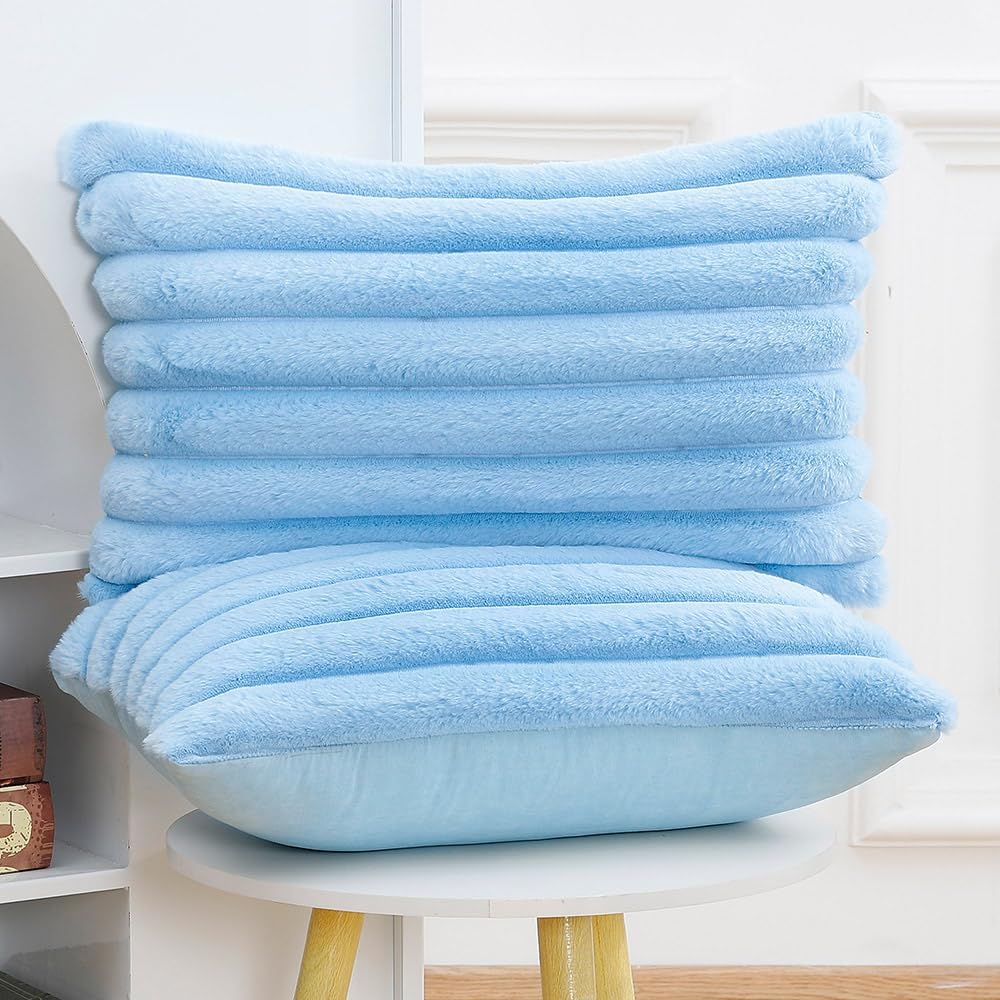 MADIZZ Set of 2 Faux Wool Plush Decorative Throw Pillow Covers 12x20 Inch Light Blue Fluffy Striped Soft Decorative Cushion Cover for Sofa Bedroom Pillow Shell