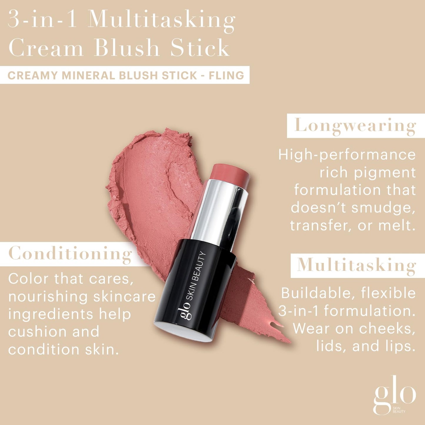 Glo Skin Beauty Cream Blush Stick (Fling) | 3-in-1 Multitasking Long-Wear Cheek, Lips + Lids Stick | Packed with Skincare Benefits