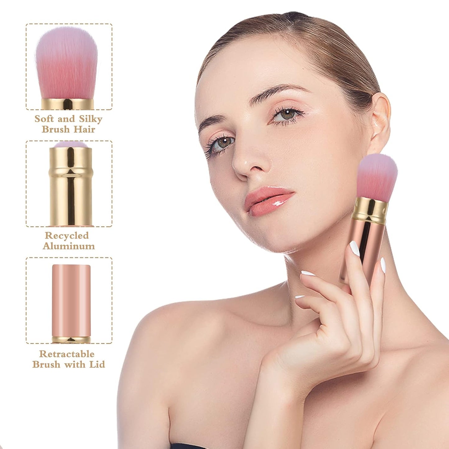 Falliny Retractable Kabuki Makeup Brush, Travel Face Blush Brush, Portable Powder Foundation Sunscreen Brush with Cover for Blush, Bronzer, Buffing, Flawless Powder Cosmetics