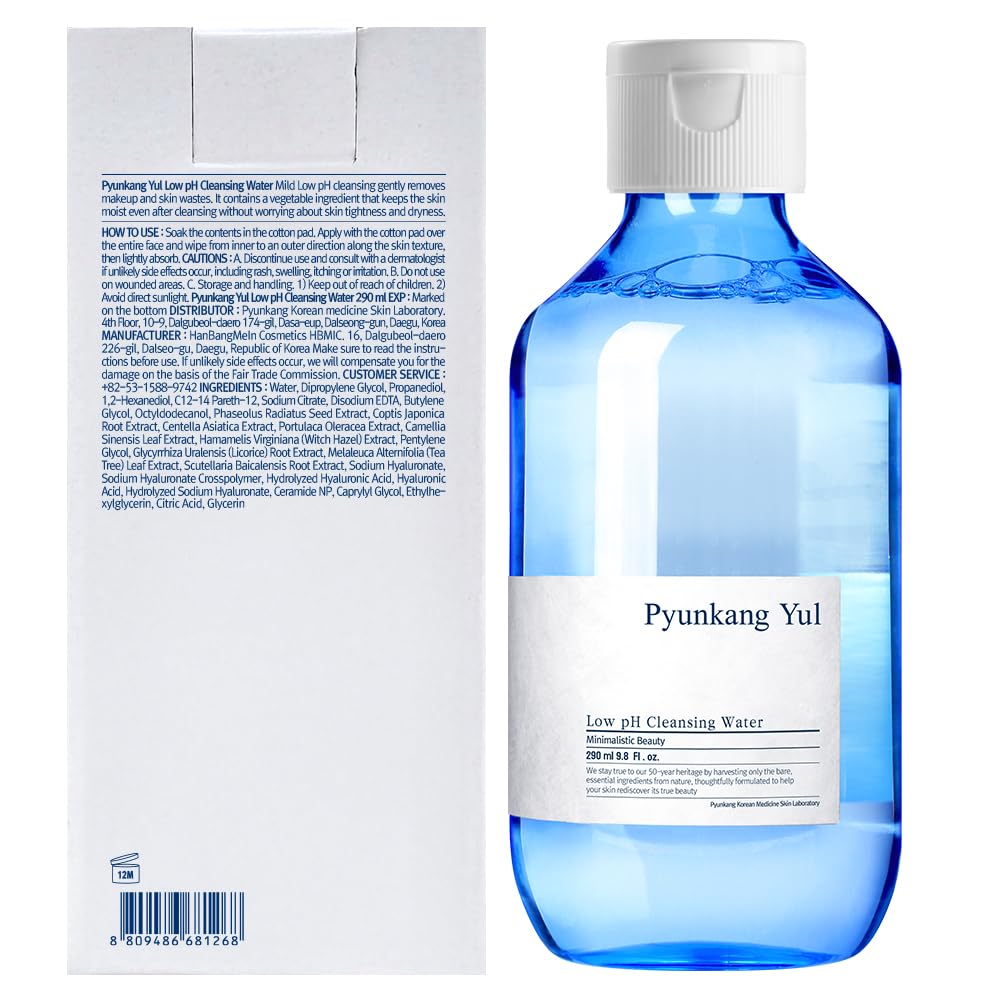 Pyunkang Yul PKY Low pH Cleansing Water Makeup Remover Face Cleanser with Witch Hazel and AHA - Cica, Tea Tree Extract Natural Ingredients Ceramide Micellar Water 9.8 Fl Oz