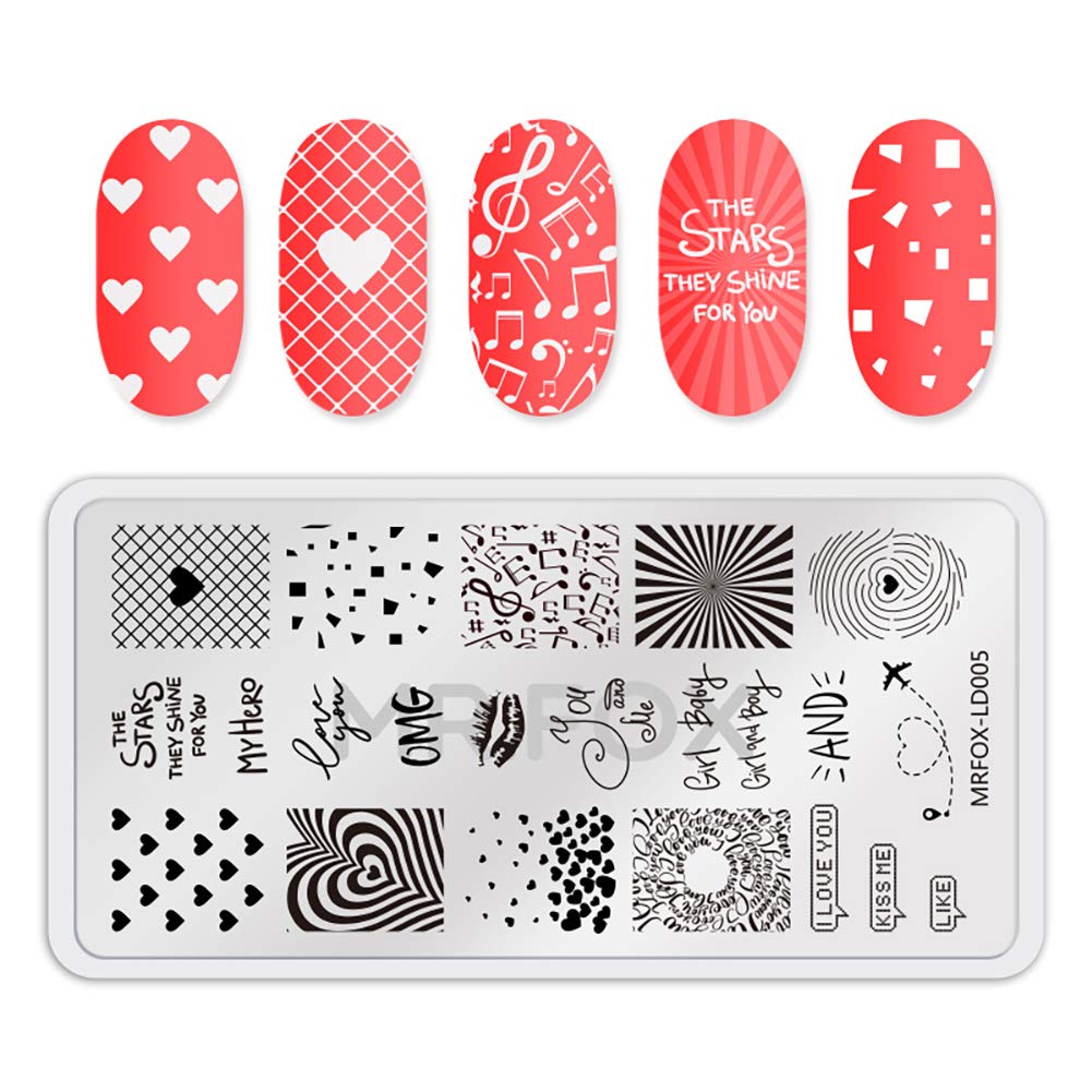 MR.FOX 5 Pcs Nail Print Board Set Valentine's Day Theme Various Hearts Cupid Electrocardiogram Nails Art Stamping Plate