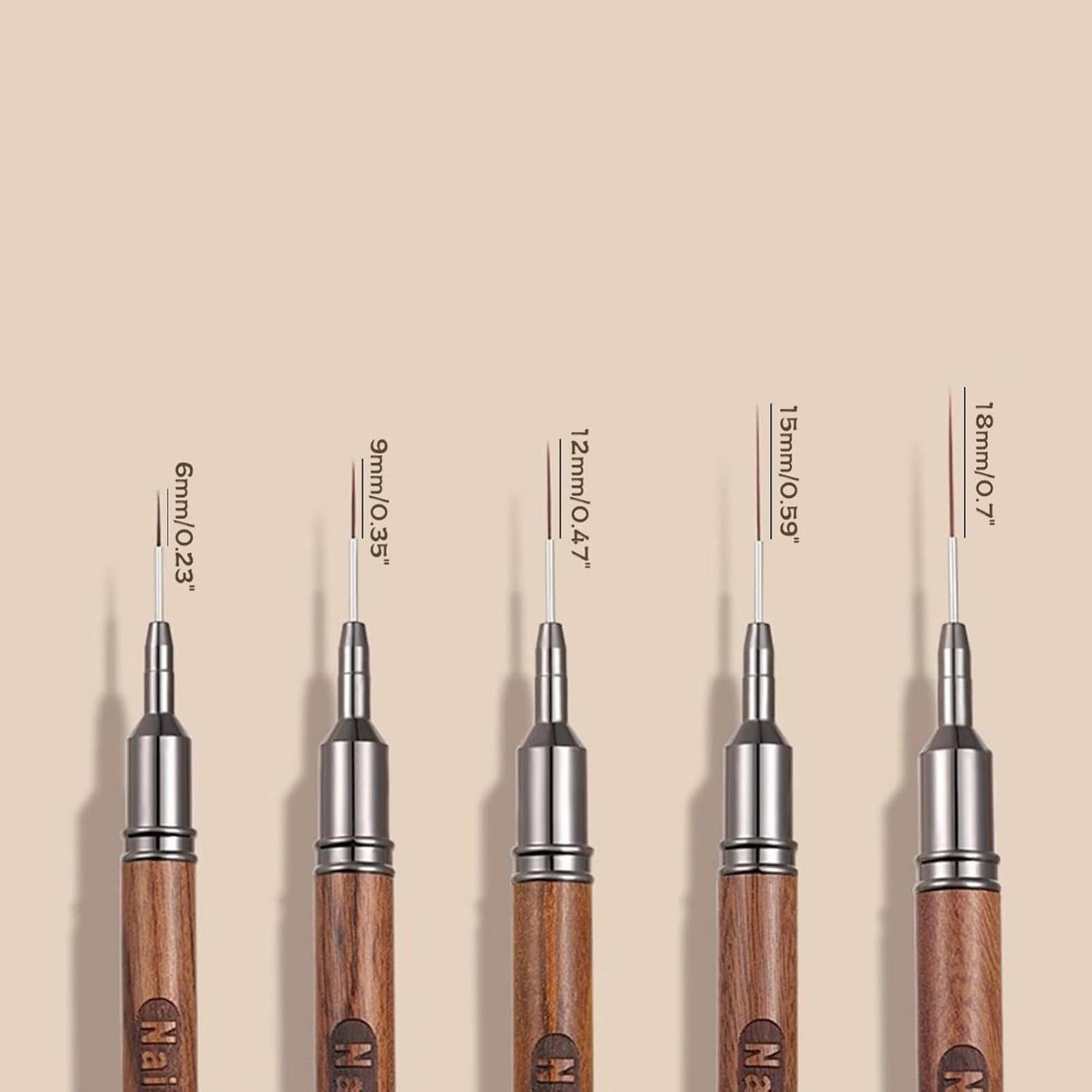 5Pcs Nail Art Liner Brushes, Fine Liner Striping Brush 6/9/12/15/18mm Thin Nail Art Design Brush with Cap Nail Brush Gel Polish Painting Nail Art Design Brushes for Long Lines, Thin Details