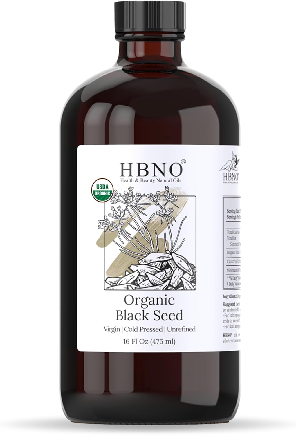 HBNO Organic Black Seed Oil - Huge 16 oz (475ml) Glass Bottle Value Size - USDA Certified Organic Black Seed Oil, Cold Pressed for Face, Body, Lips, Shampoo & Conditioner