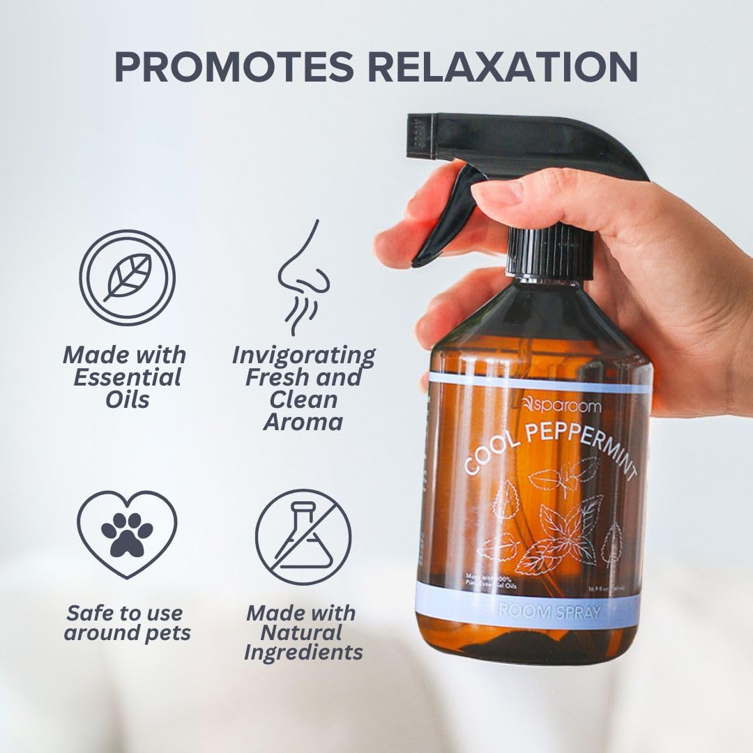 Sparoom Cool Peppermint Air Freshener&Linen Spray Essential Oil Infused an Minty&Crisp Refreshing Fragrance. Therapeutic Grade Aromatherapy, Non-Aerosol and Long-Lasting Invigoration Scent, 16.9 fl oz