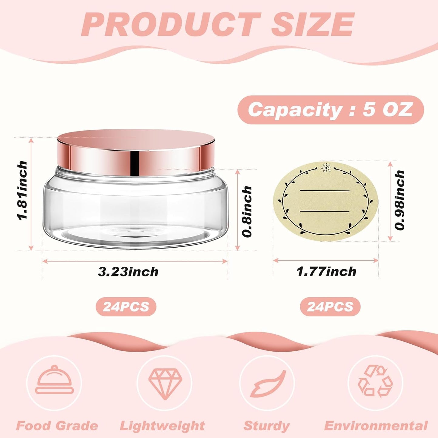 Tessco 24 Pack Plastic Jars with Lids Labels Empty Clear Plastic Jars Round Refillable Cosmetic Containers Body Butter Containers Bulk Sugar Scrub Bottle for Make Up(5 oz,Clear, Rose Gold)