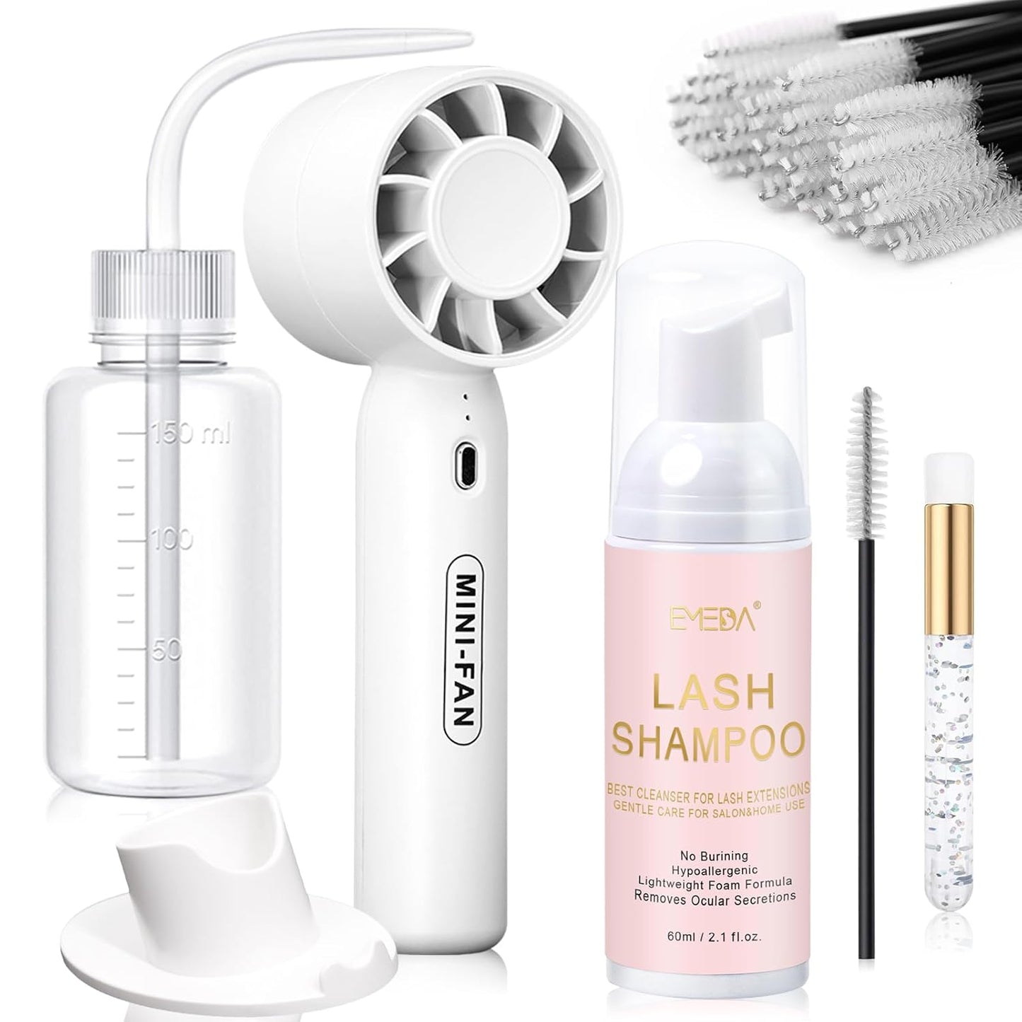 EMEDA Lash Shampoo Kit 2.02 fl oz Lash Cleaning Kit with Rechargeable Fan Dryer/Brush/Rinse Bottle, Oil-free Cleanser Wash for Extensions & Clusters & Natural Lashes, Cleaner for Eyelash Care(White)