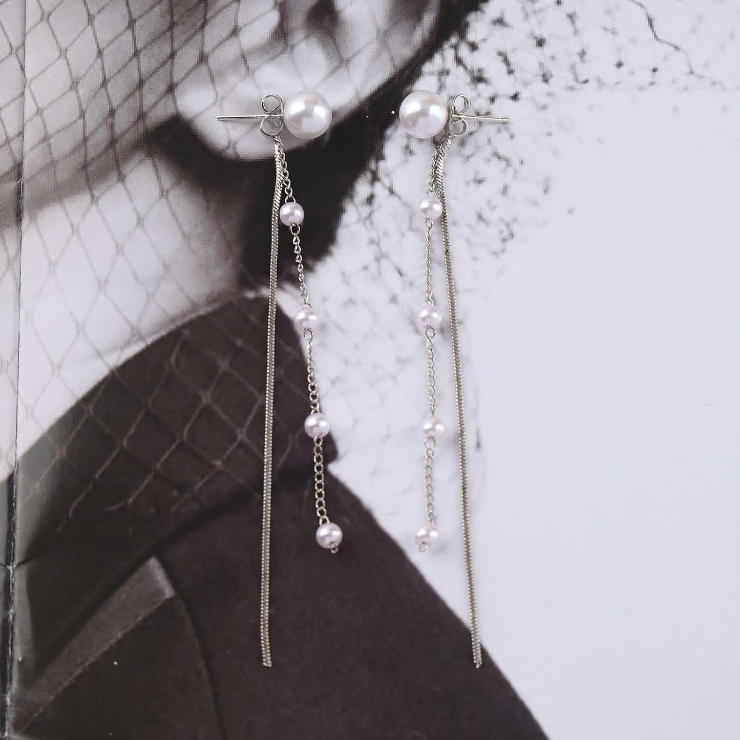 Vintage Pearl Dangle Earrings Long Pearl Chain Earrings Silver Pearl Tassel Drop Earrings Tiny Pearl Bridal Earrings Jewelry for Women