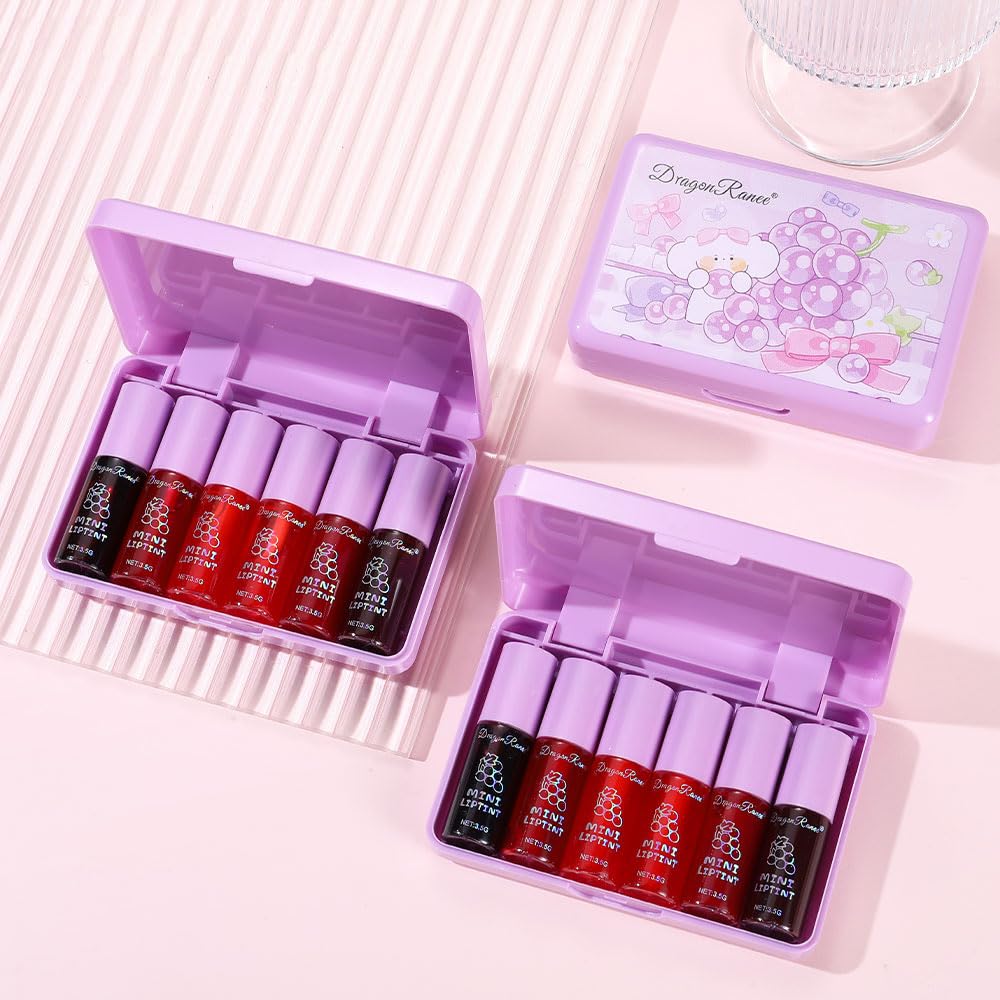6 Colors Lip Tint Stain Korean Lip Gloss, Matte Velvet Lip Tint Natural Plumping Lip Stain, Multi-Use Lip and Cheek Tint Mini Liquid Lipstick, Long lasting Non-Stick Cup Waterproof, Lip Color Makeup