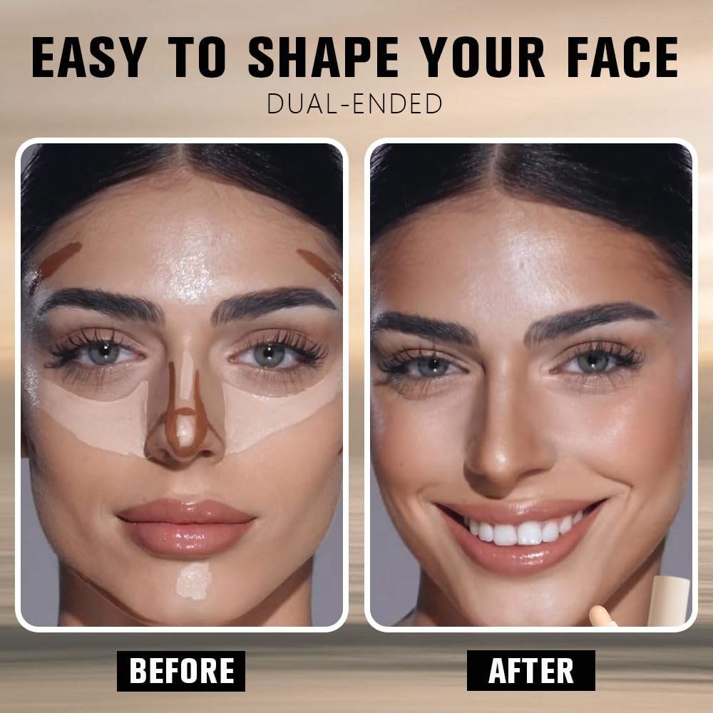 Dual-Ended 2-in-1 Cream Contour & Highlighter Stick – Waterproof, Long-Lasting for Face & Body Makeup, Suitable for All Skin Tones, 02#Nude + Light Beige