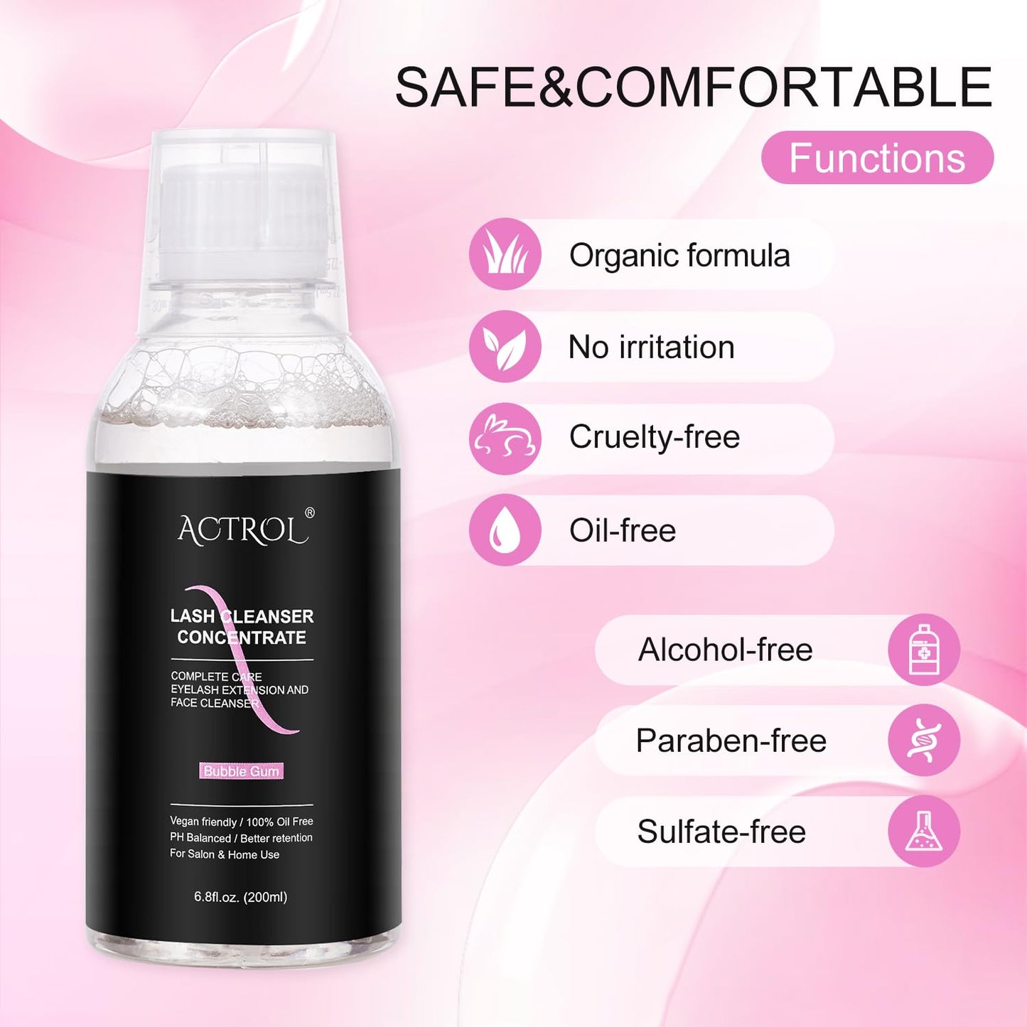 Eyelash Cleanser Concentrate 200ml Bubble Gum Professional Lash Shampoo Foaming Cleanser DIY Paraben & Sulfate Free Non-lrritating Wash for Extensions Lashes Care-Makes 20 Bottles