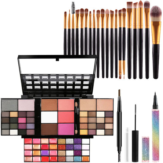 Beginner Makeup Kits For Teenagers All In one Makeup Palette 74 Color Makeup Set For Women Girls Included Eyeshadow Lipstick Lipgloss Kits Blush Foundation Mascara Liquid Eyeliner Pencil Make up Brushes