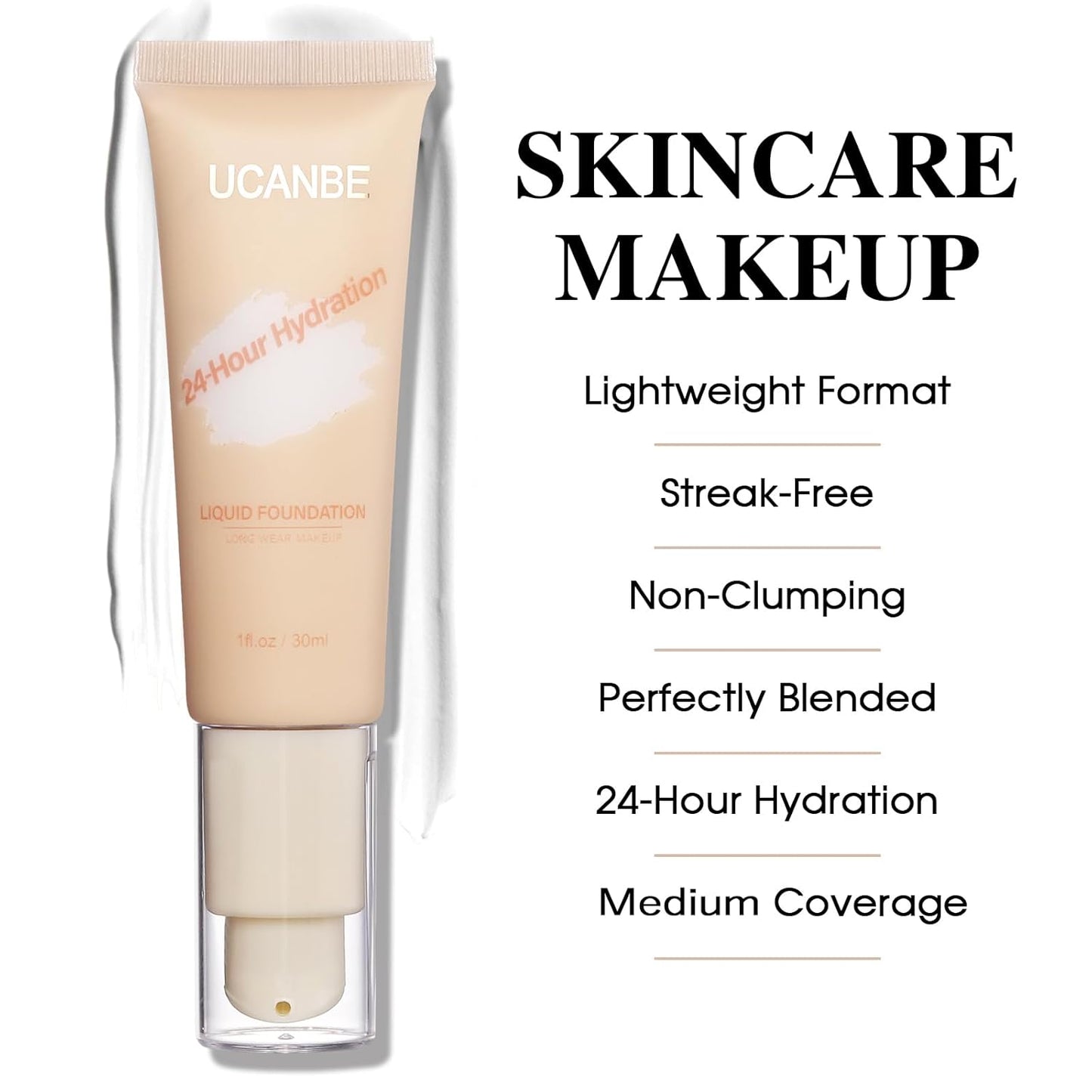UCANBE White Liquid Foundation with Brush, Skincare Serum Foundation Face Makeup with Hyaluronic Acid, Medium to Medium to Full Coverage Waterproof Oil Control Longwear, for Mature Skin, 1 fl. oz.