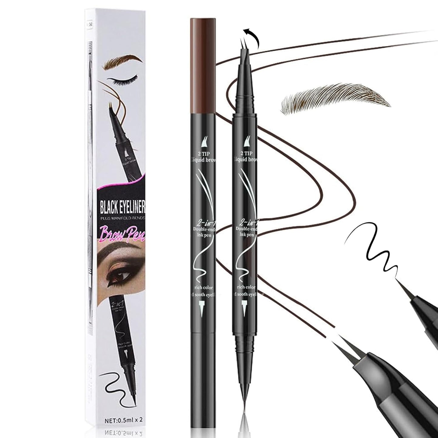 Curved 2 Tip Eyebrow Pen-Brown Eyebrow Pencil With Black Eyeliner 2-in-1 Dual-Ended Create Natural Hair-Like Brows,Waterproof,Smudge Proof,Long Lasting All-Day