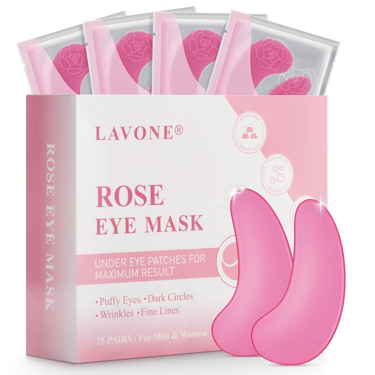 Eye Mask - 15 Pairs Rose Under Eye Patches Skin Care Products - Eye Masks Skincare for Dark Circles and Puffiness, Reduce Wrinkles, Eye Bags and Fine Lines, for Women and Man, with Hair Clips