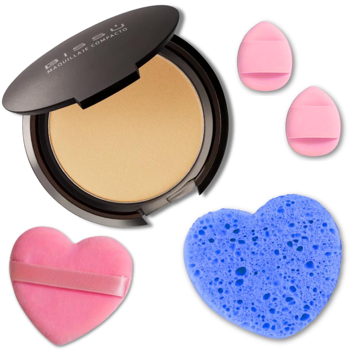 Beetbul Makeup & Exfoliation Kit - Bissú Compact Powder + 1 Medium Velvet Puff + 2 Finger Puffs + 1 Facial Exfoliating Sponge (10 Honey, One Size)