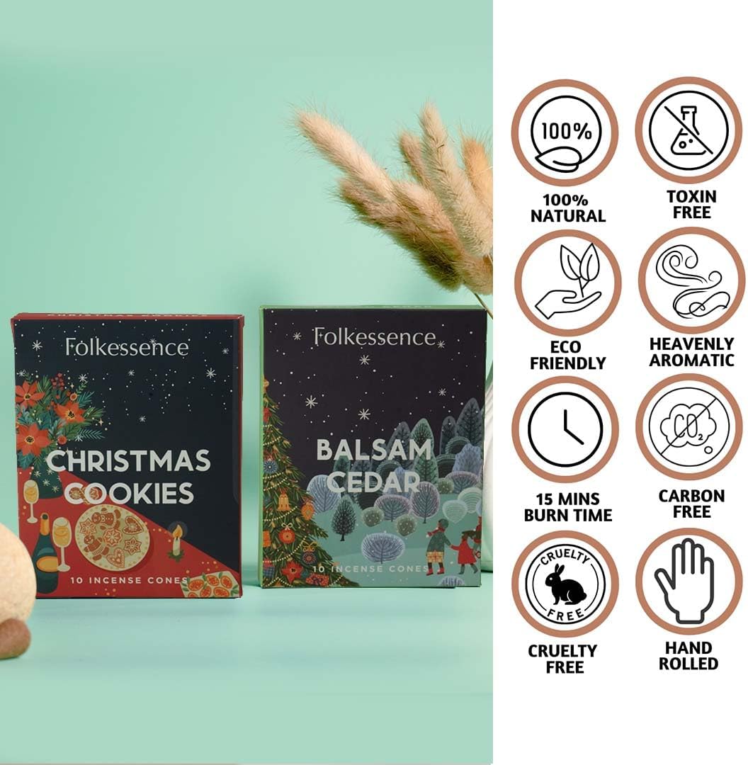 Folkulture Incense Cones | 20 Pc Incense Cone Scented | 2 Fragrance Cone-Insenses - Christmas Cookie & Balsam Cedar | Natural, Non Toxic | Christmas Inscents-Cones | Relaxing, Meditation