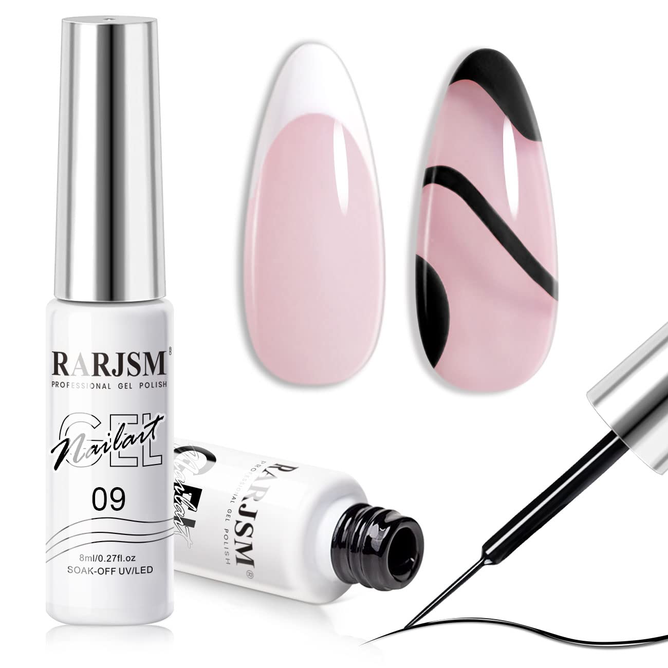 RARJSM Nail Art Gel,Liner Gel Polish,Black White Nail Design Polish Painted GelNailPolish Set 2Pcs Soak off Curing Requires 8ml Build in Thin Brush for Home Salon Diy Nails French Manicure Painting