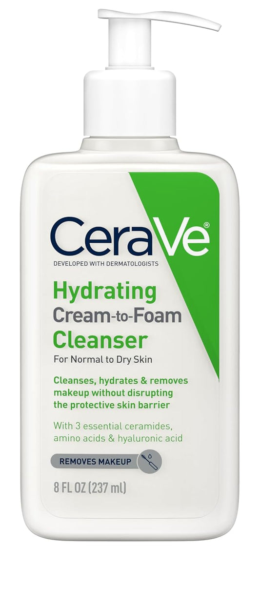 CeraVe Hydrating Cream To Foam Cleanser, Makeup Remover Face Wash For Dry Skin, Foaming Facial Cleanser With Hyaluronic Acid, Normal To Dry Skin, Fragrance Free & Non Comedogenic, 8 Fluid Ounces