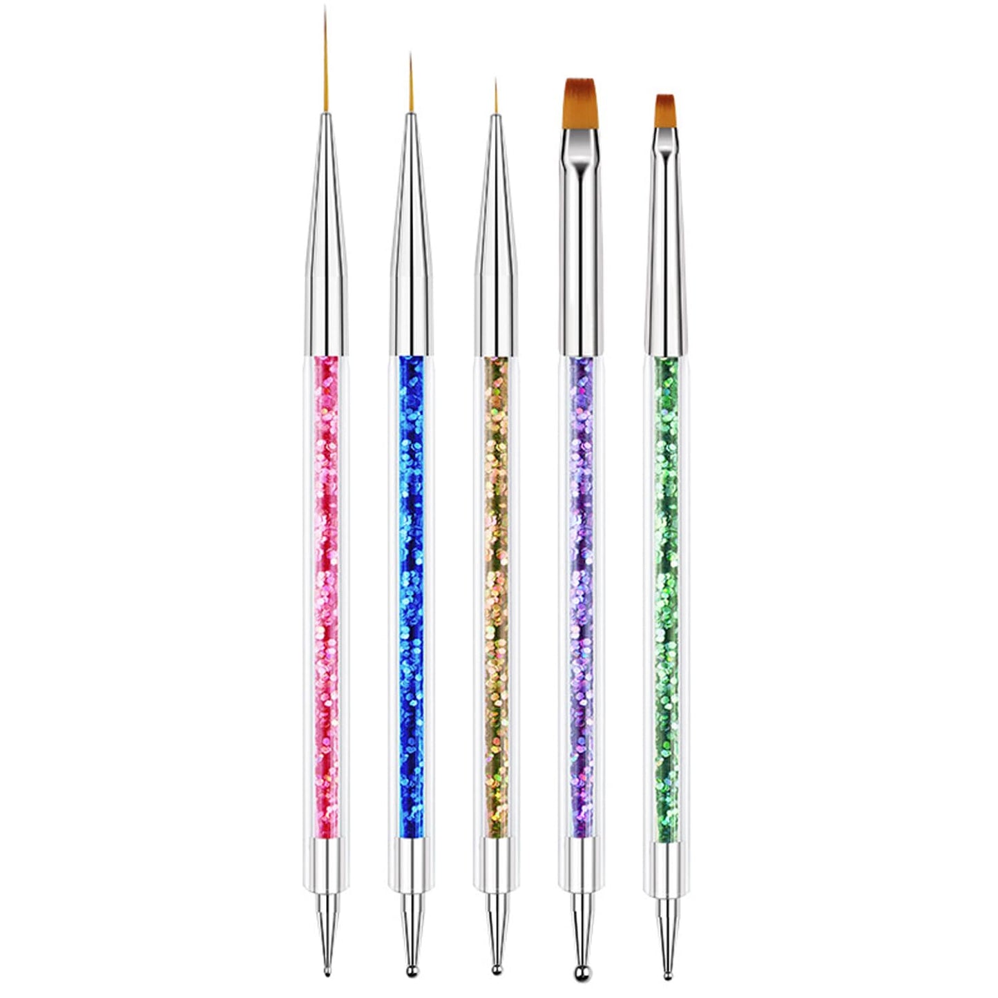 AIBEE Nail Art Brushes, 5pcs Double-Ended Acrylic Nail Brush Including 7/9/11mm Nail Liner Brush Flat Brushes and Nail Dotting Tools for Nail Art Design