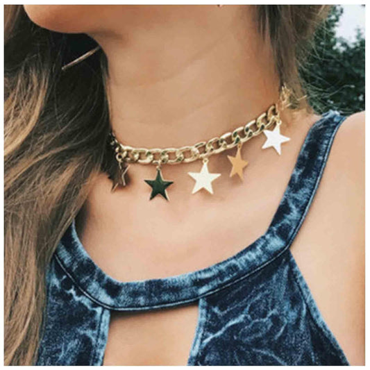 Boho Star Dangle Choker Necklace Gold Chunky Curb Chain Necklace Punk Thick Chain Choker Necklace Minimal Short Chain Necklace Jewelry for Women and Girls
