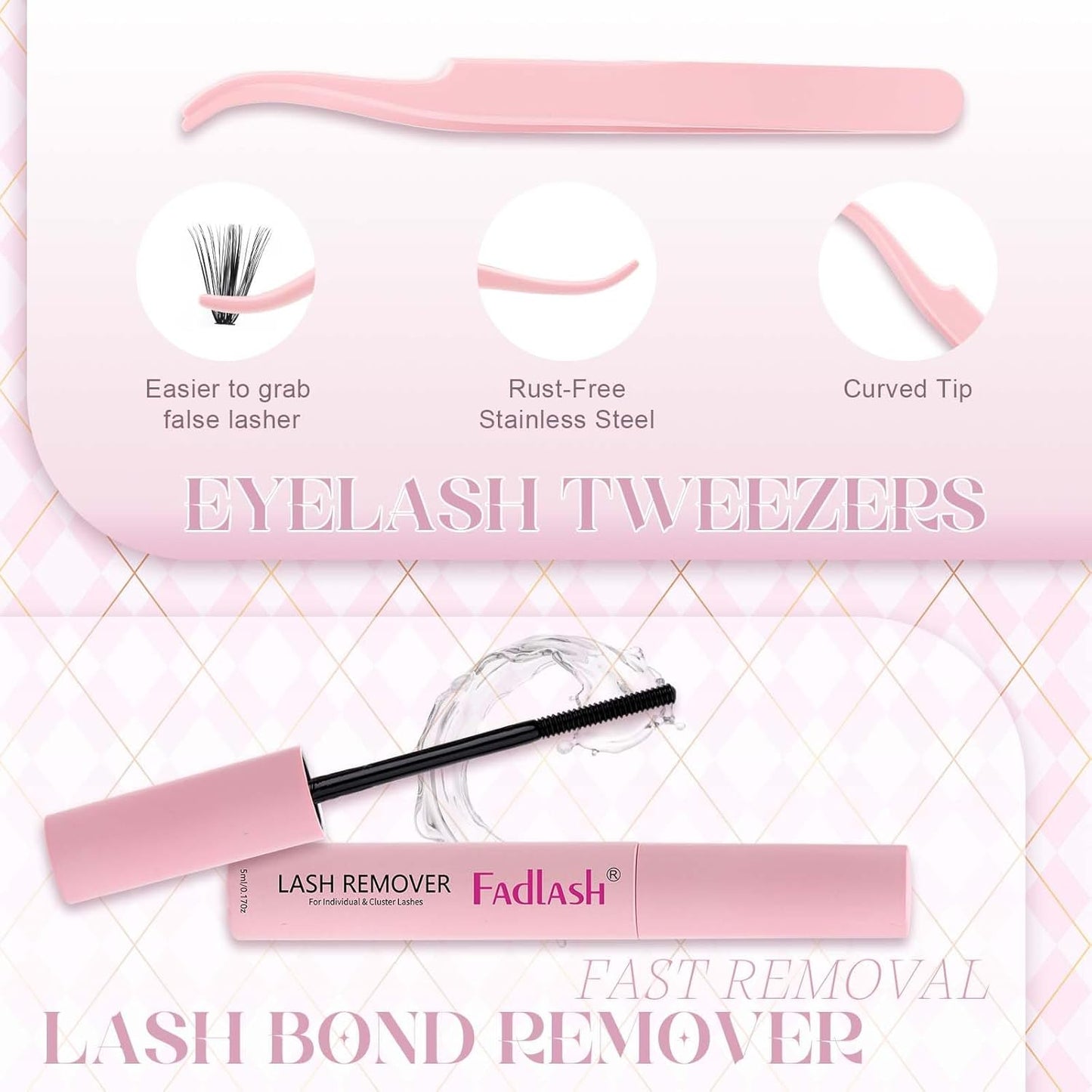 FADLASH Lash Extension DIY Kit Lash Clusters D Curl Cluster Lashes with Lash Bond and Seal Cluster Lashes Glue Remover Lash Tweezers for DIY Eyelash Extension at Home（Kit 40D+50D-0.07D-12-18MIX）