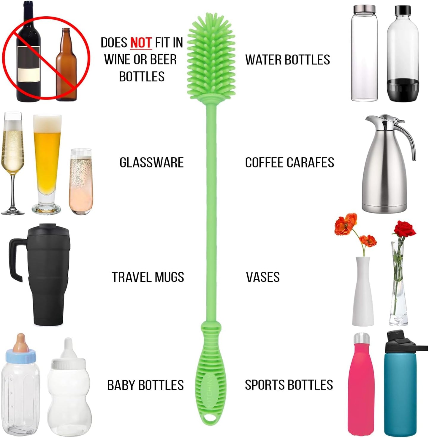 12.5" Silicone Bottle Brush & Straw Cleaner Brush Set | Water Bottle Cleaner for Hydro Flasks, Tumblers, Glassware, Vases and Narrow Neck Containers