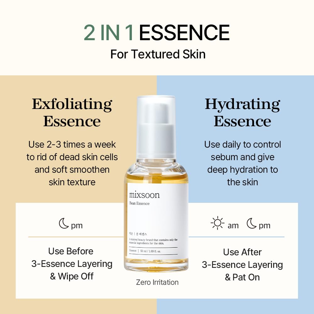 mixsoon Bean Essence, Vegansnail, Exfoliating Essence for face, Hydrating Korean Skin Care,Glassskin 1.01 fl.oz/30ml