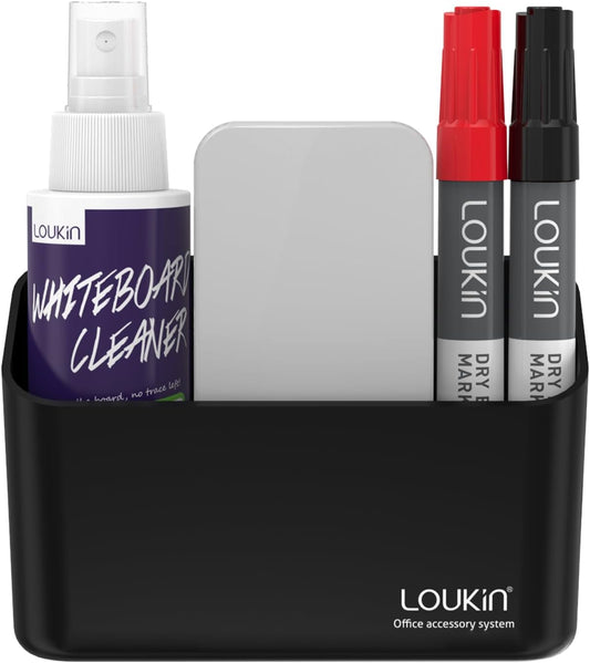 loukin Magnetic Marker Holder Set, Dry Erase Marker Holder, Dry Erase Accessory Tray Set (Includes 1 Eraser, 1 Cleaner, 2 Dry Erase Markers), Ideal for Office, School or Home Use(Black)