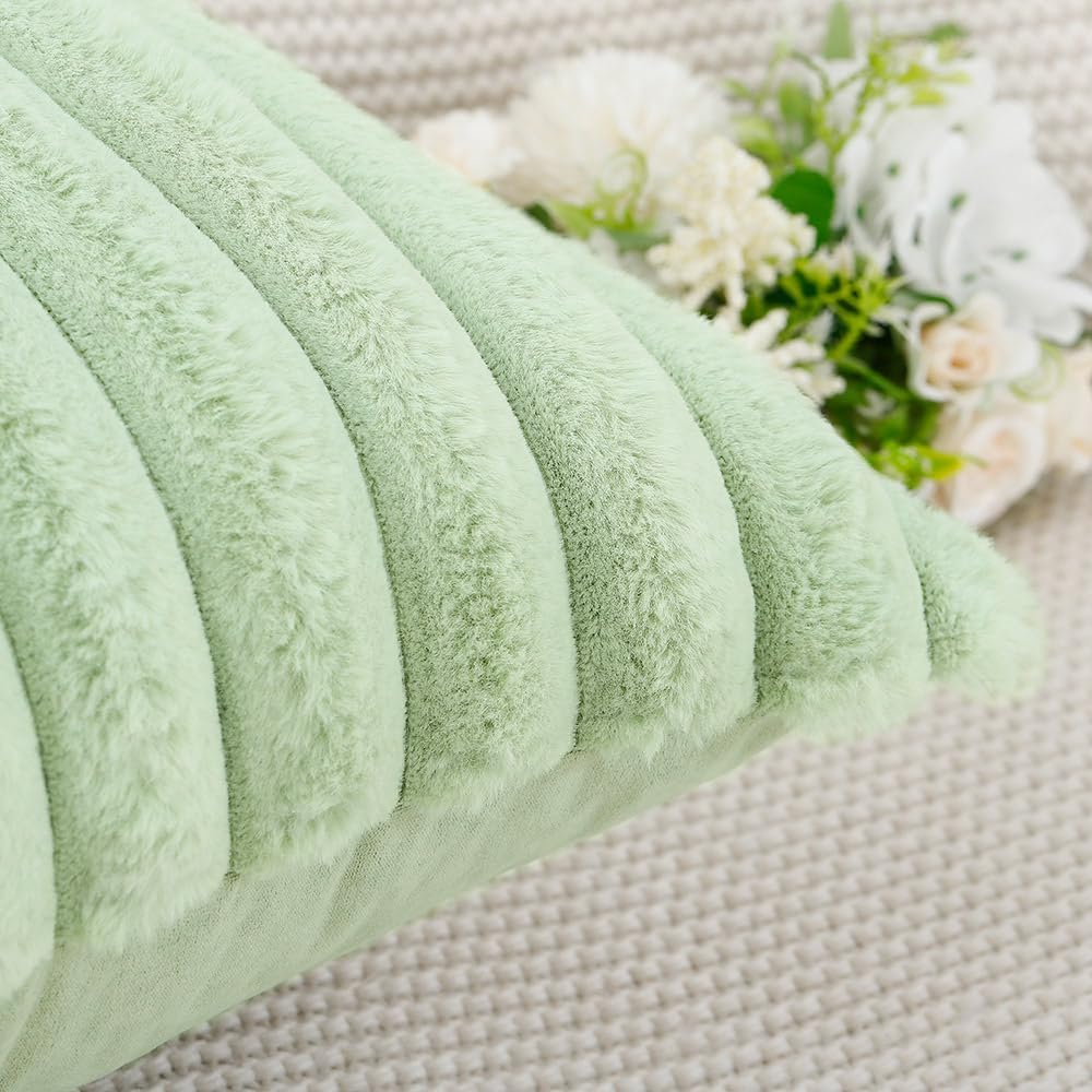 MADIZZ Set of 2 Faux Wool Plush Decorative Throw Pillow Covers 22x22 Inch Light Green Fluffy Striped Soft Decorative Cushion Cover for Sofa Bedroom Pillow Shell