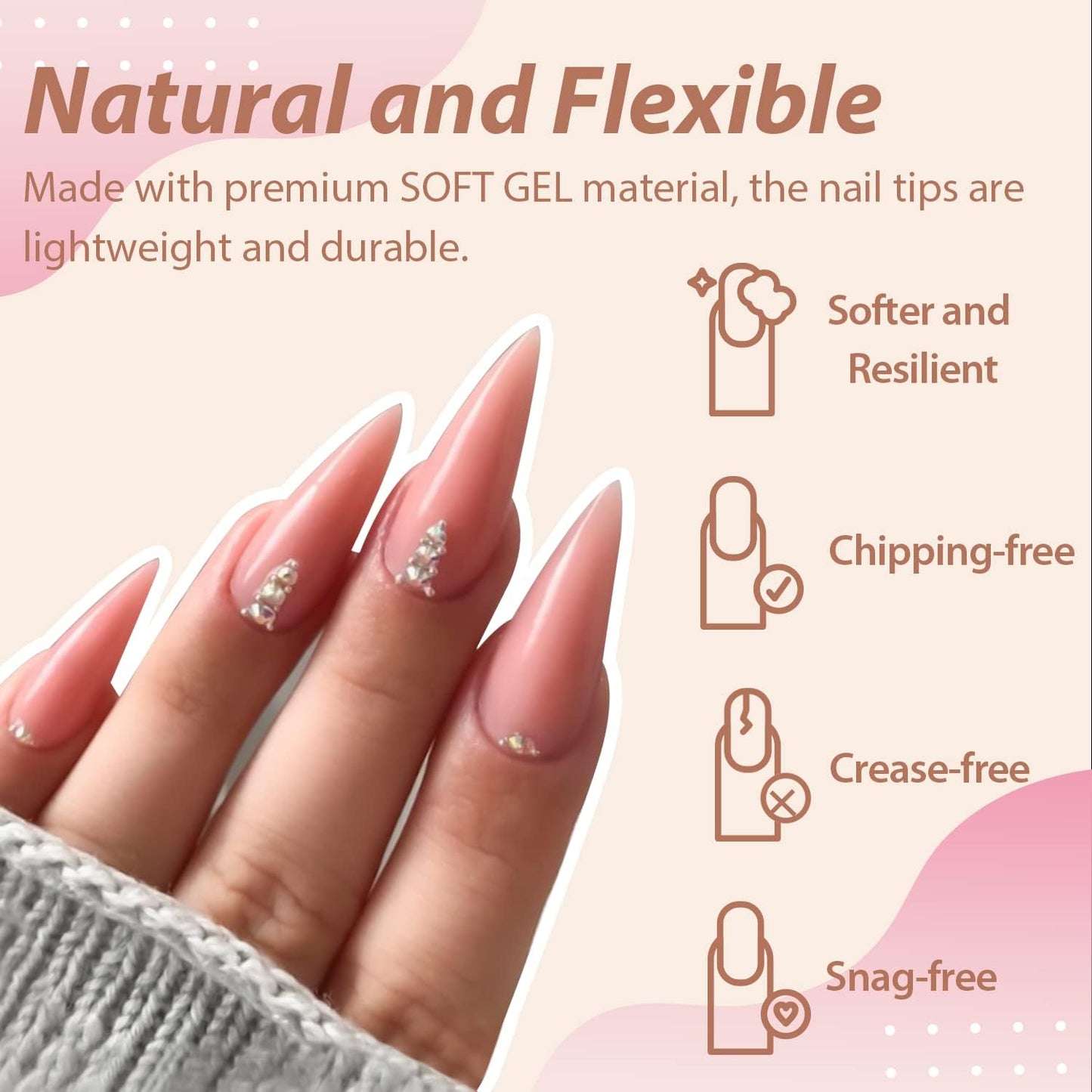UNA GELLA Long Stiletto Gel Nail Tips Halloween Full Cover 504PCS Pre-shape Long Stiletto Almond Fake Clear Nails Tips No Need File Gel Tips No C Curve for Nail Extension DIY Art Salon 12 Sizes