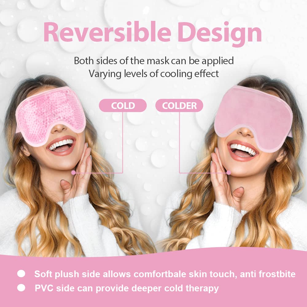 NEWGO Cooling Gel Cold Eye Mask for Puffy Eyes, Reusable Ice Pack with Soft Plush Backing for Dark Circles, Migraine, Stress Relief - Pink