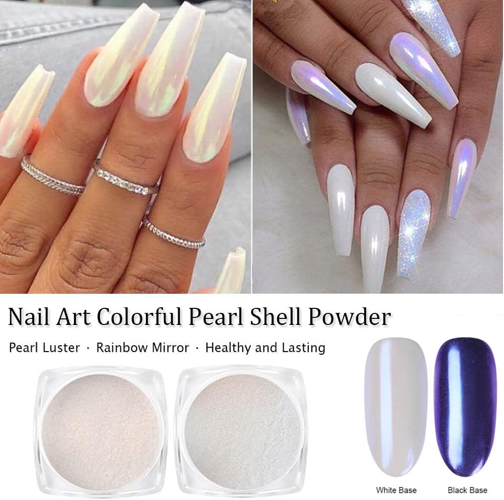 7 Colors Chrome Nail Powder Aurora Metallic Holographic Mirror Effect Dip Nail Powder Kit, White Pearl Iridescent Shell Powder Glitter Nail Art Pigment Manicure for Nails