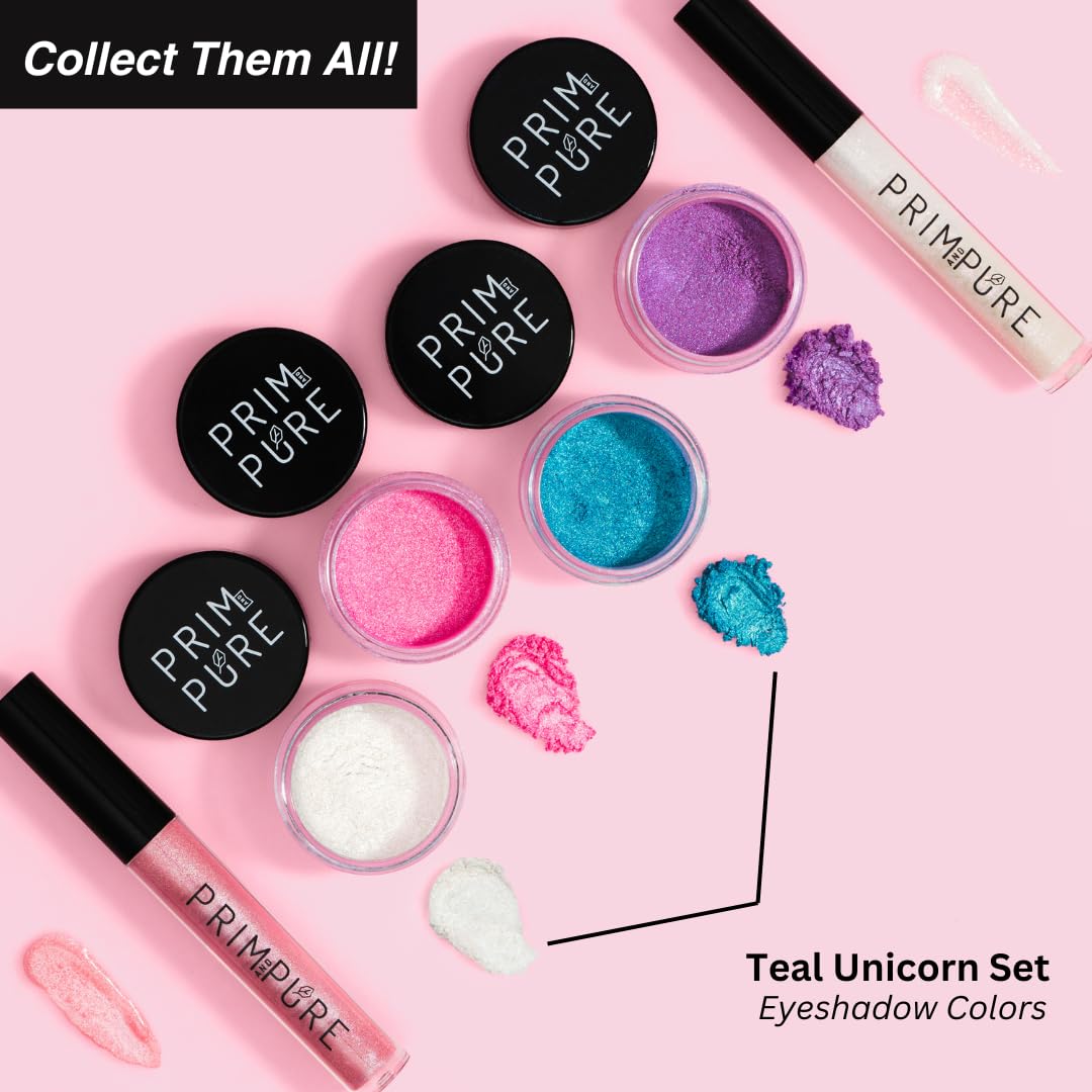 Prim and Pure Mineral Gift Set with Unicorn Mirror| Perfect for Play Dates & Birthday Parties | Kids Eyeshadow Makeup – Mineral Blush | Organic & Natural Makeup Kit for Kids| Made in USA (Blue)