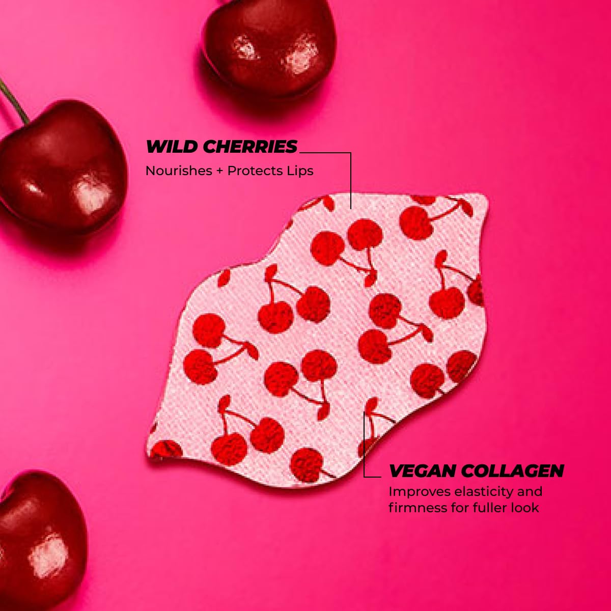 Vitamasques Lip Mask, 3-Pack - Cherry Vegan Collagen Lip Mask Sheets, Repair for Dry & Chapped Lips - Nourishing & Hydrating - Wild Cherries & Hyaluronic Acid - Vegan & Cruelty-Free Korean Skin Care