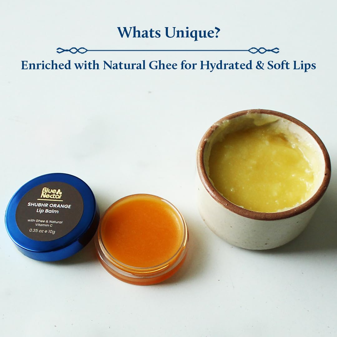Blue Nectar Ayurvedic Orange Lip Balm with Organic Ghee & Natural Vitamin C for Dry Lips | Moisturizing Lip Gloss with Clean Ingredients (0.35 oz, 10 Herbs)